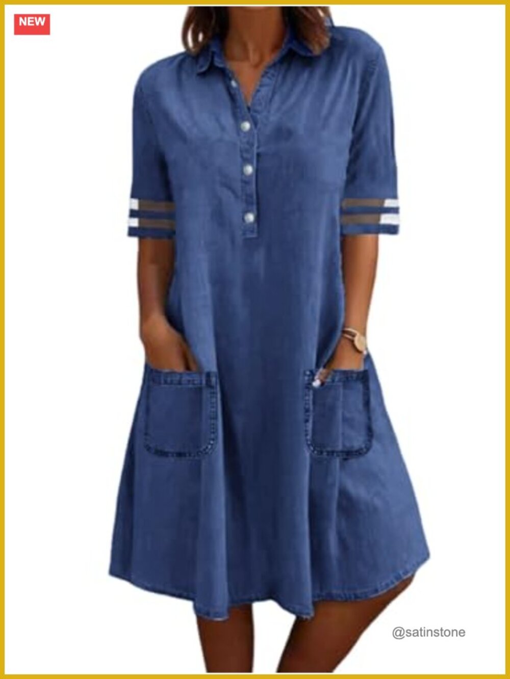 Denim Midi Dress Tulle Sleeve Button Jean Dress Pockets